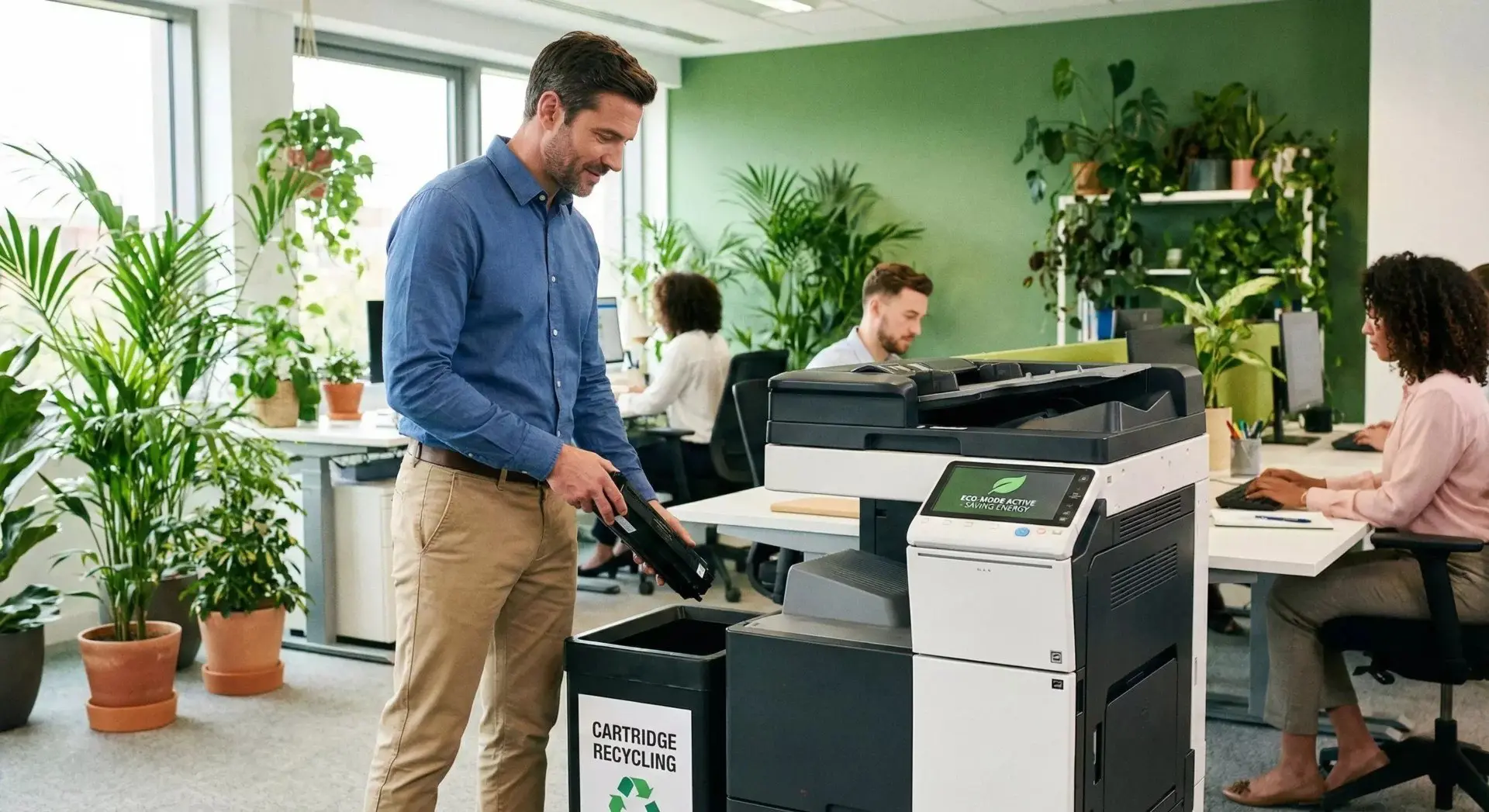 Un homme debout près d'une imprimante dans un bureau moderne avec des plantes et des collègues travaillant à proximité.