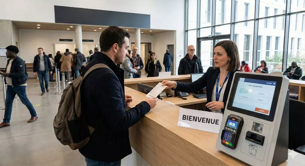 Un homme remet un document à une femme derrière un comptoir. Un écran indique "BIENVENUE". Le hall est animé avec plusieu