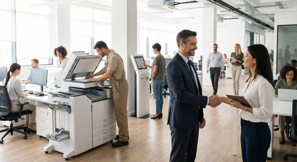Dans un bureau moderne, un homme en costume serre la main d'une femme en blouse blanche devant une grande imprimante. Un tech