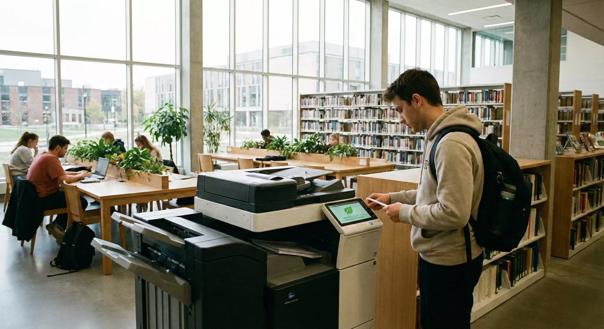 Un étudiant utilise une imprimante dans une bibliothèque moderne avec de grandes fenêtres et des étagères de livres.