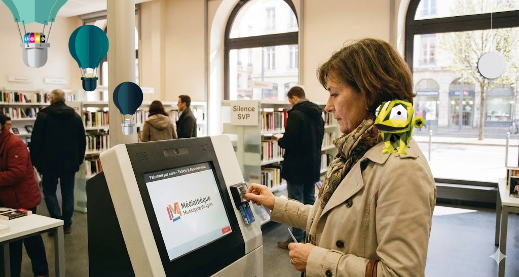 Une femme utilise un terminal automatique de prêt dans une médiathèque municipale, avec la mention "Silence SVP".