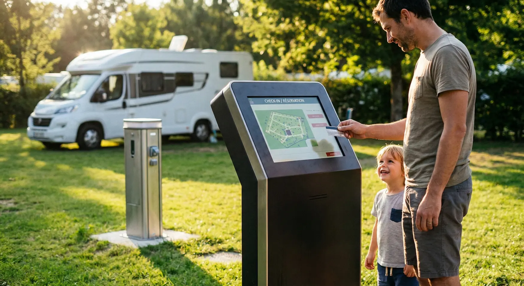 Un homme et un enfant utilisent un terminal de check-in interactif pour camping-car dans un parc ombragé.