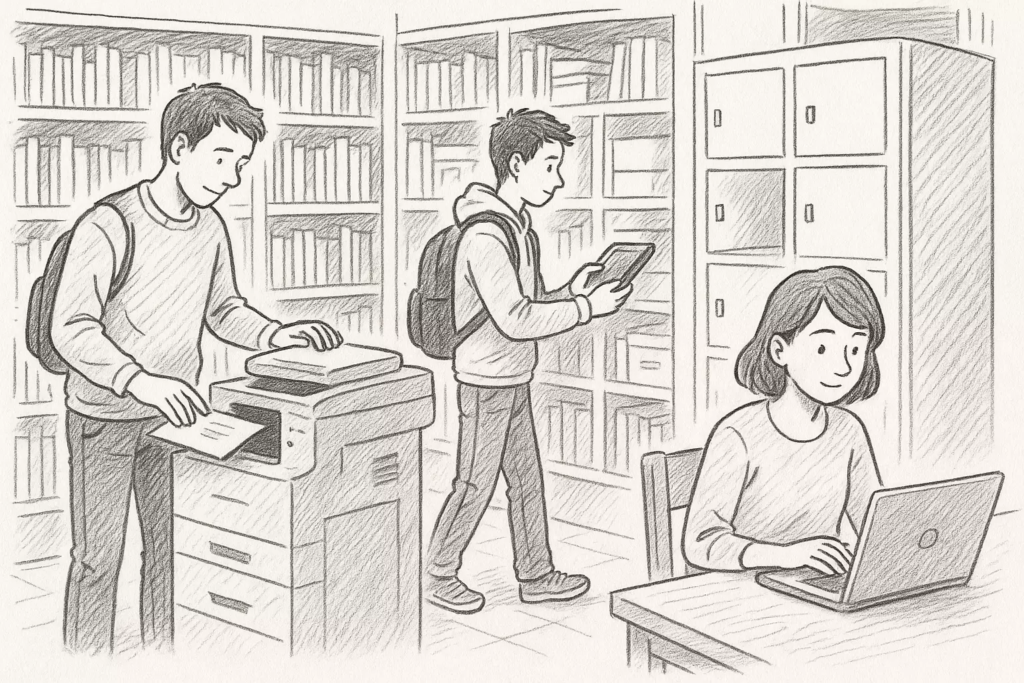 Trois étudiants dans une bibliothèque : un scanne un livre, un autre utilise un tablet, une étudiante travaille sur un ord