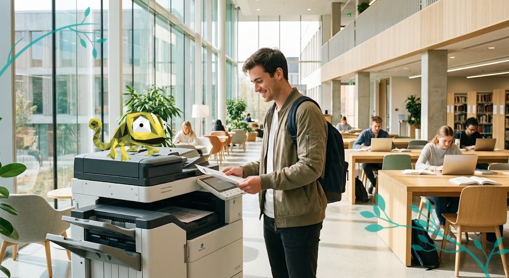 Étudiant souriant utilisant une imprimante dans un espace bibliothèque lumineux, entouré de tables de travail.